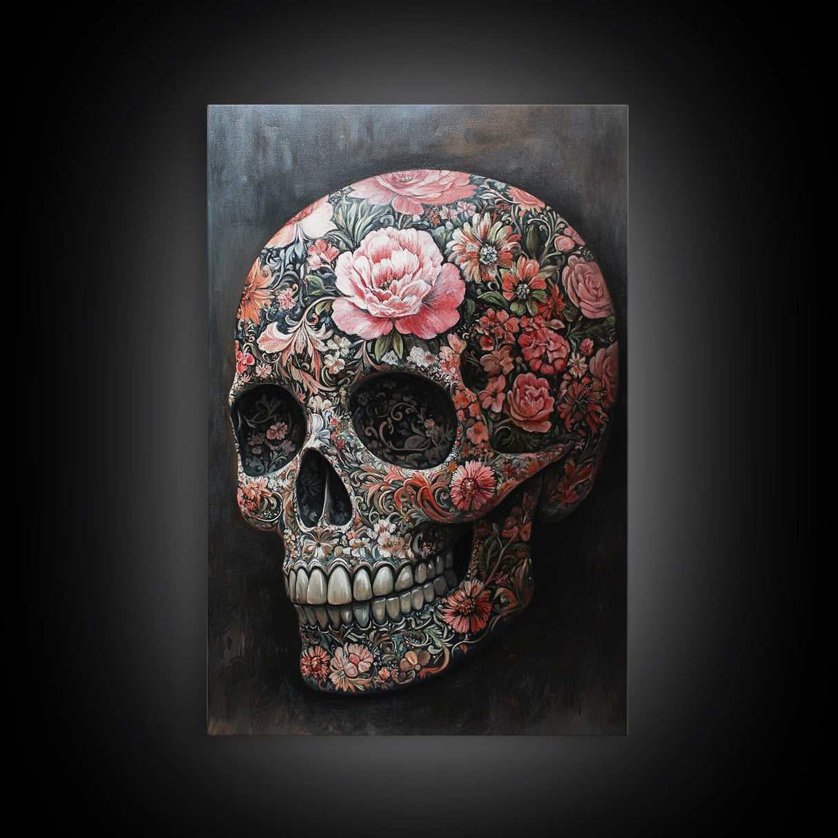 Skull Art Framed Canvas Print with Intricate Floral Patterns in Gothic Boho Style, Chinoiserie-Inspired Rustic Bedroom or Living Room Art