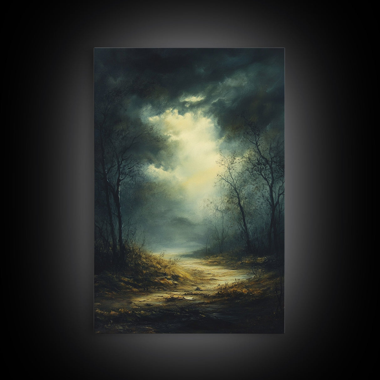 Forest at Dusk Framed Canvas Print with Moody Dark Romance Painting, Fall-Inspired Smoky Mountain Art Perfect Above Bed Wall Decor