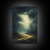 Forest at Dusk Framed Canvas Print with Moody Dark Romance Painting, Fall-Inspired Smoky Mountain Art Perfect Above Bed Wall Decor