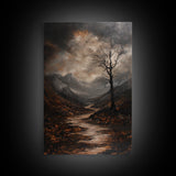 Mountain Painting Framed Canvas Print with Mystical Sunrise Over Autumn Forest Path, Rustic Landscape Art with Moody Coastal Vibes
