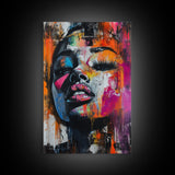 Vibrant Abstract Face Framed Canvas Print, Moody Woman Wall Art, Boho Living Room Decor, Gift Idea for Her, Unique Rustic Art