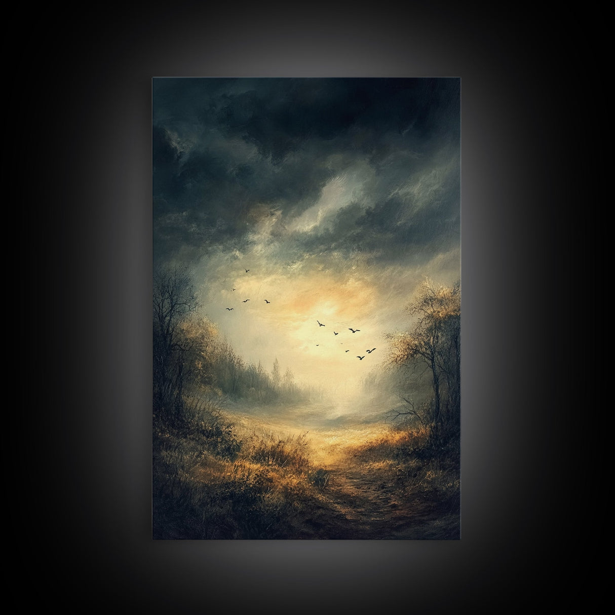 Landscape Painting Framed Canvas Print Featuring Sunset Over Autumn Forest with Dark Romantic Smoky Mountain Art and Rustic Decor