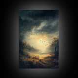 Landscape Painting Framed Canvas Print Featuring Sunset Over Autumn Forest with Dark Romantic Smoky Mountain Art and Rustic Decor