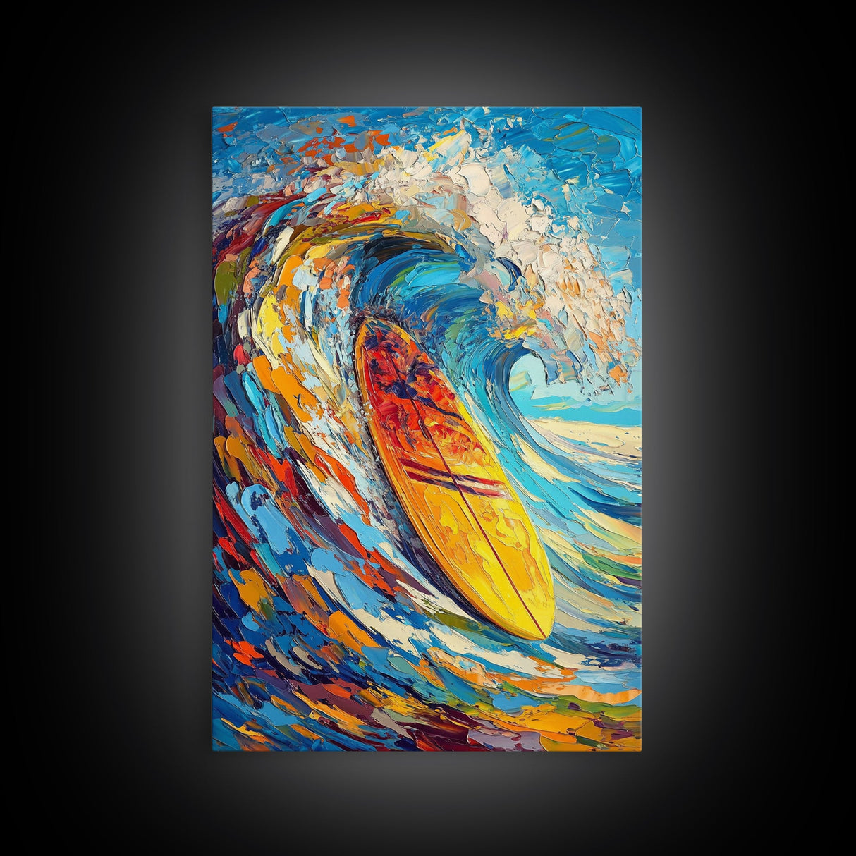 Energetic Surfboard Wave Canvas Print with Bold Abstract Coastal Painting and Nautical Decor for Extra Wide Wall Art Display