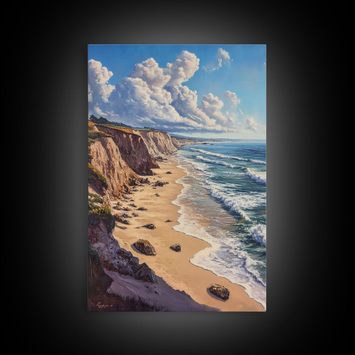 Sunny Beach Landscape Framed Canvas Print Coastal Seascape Painting Nautical Wall Art Gift Idea Bedroom Decor Rustic Nautical Painting