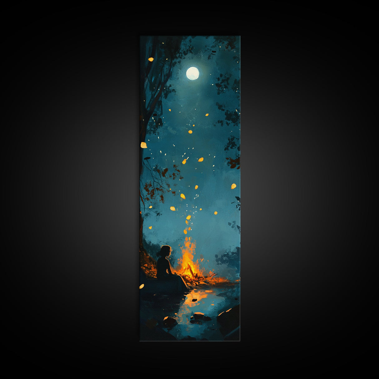 Moonlit Campfire, forest at dusk painting, moody art, rustic decor, vertical wall art, boho art, Canvas Print