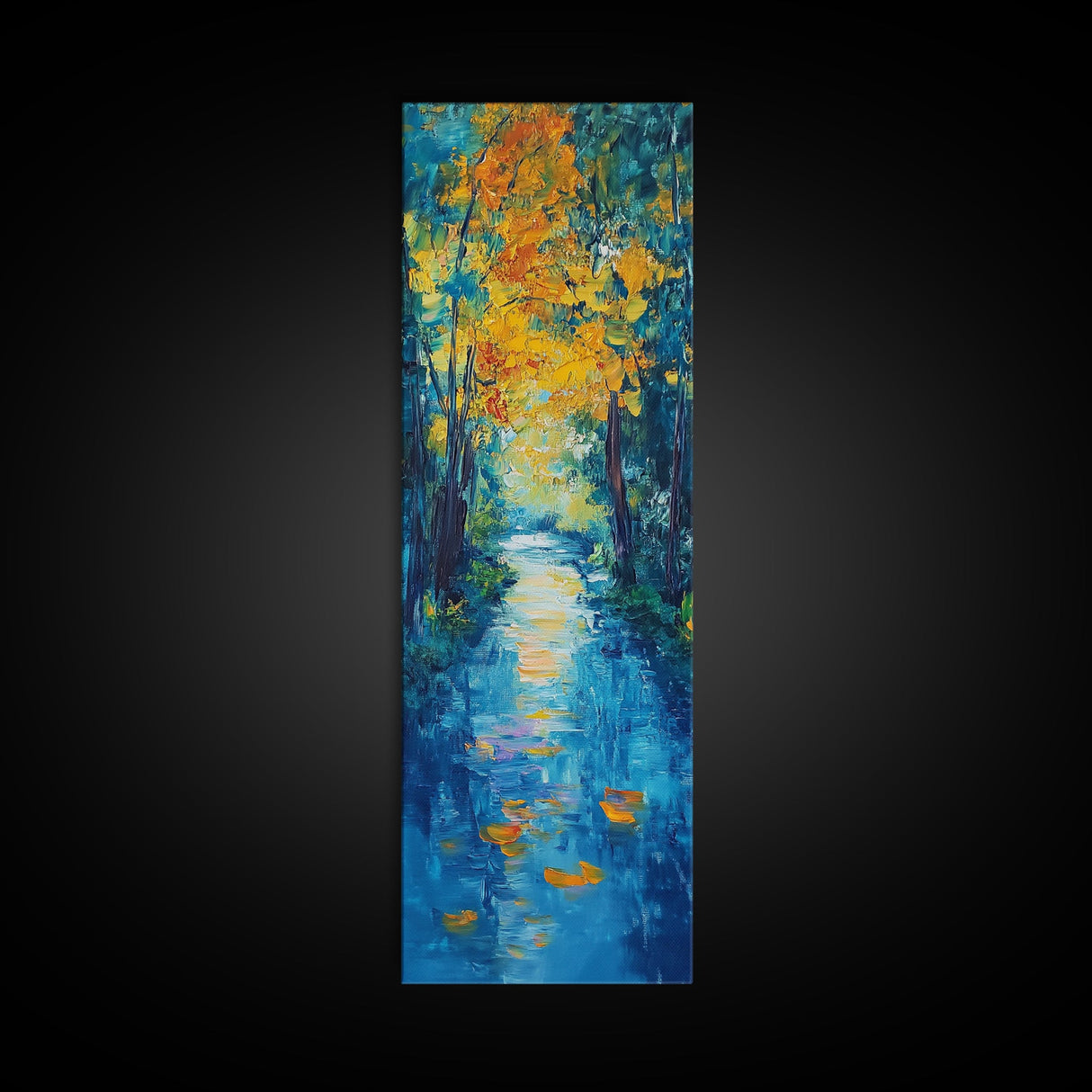 Autumn Reflection, fall painting, birch tree art, mountain painting, rustic wall art, panoramic art, Framed Canvas Print