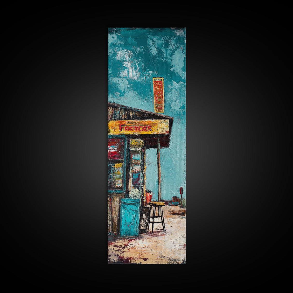 Rustic Gas Station, chicano art, guest check wall art, graffiti wall art, vintage folk art, Framed Canvas Print, tall skinny art