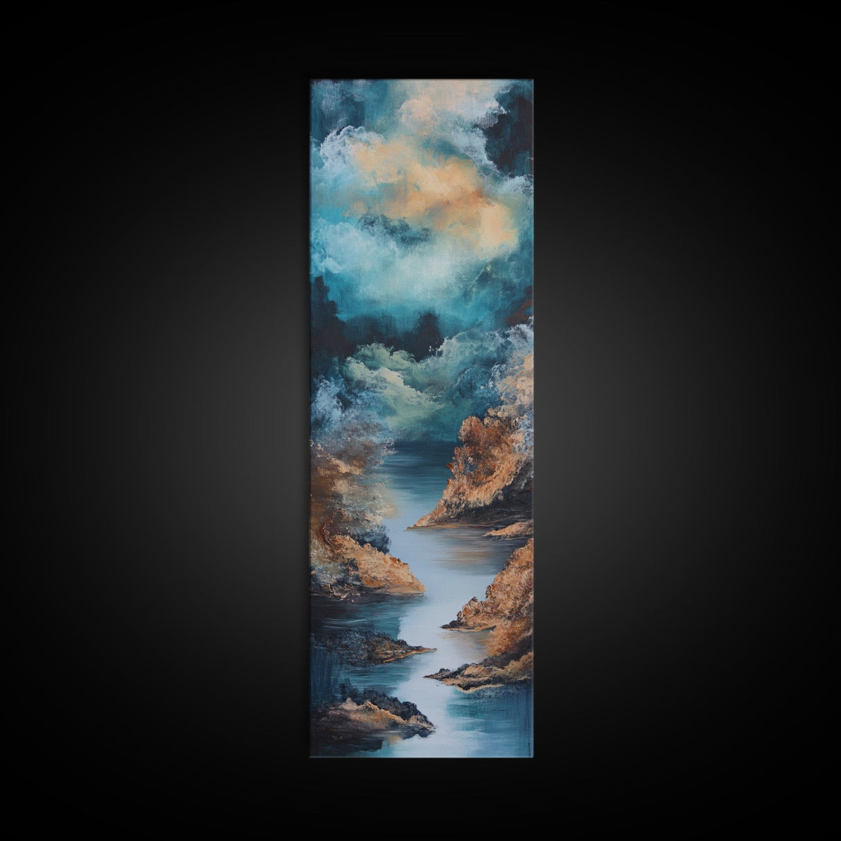Moody River, Smoky Mountain Art, Landscape Painting, Moody Art, Blue and Green Wall Art, Tall Skinny Art, Framed Canvas Print