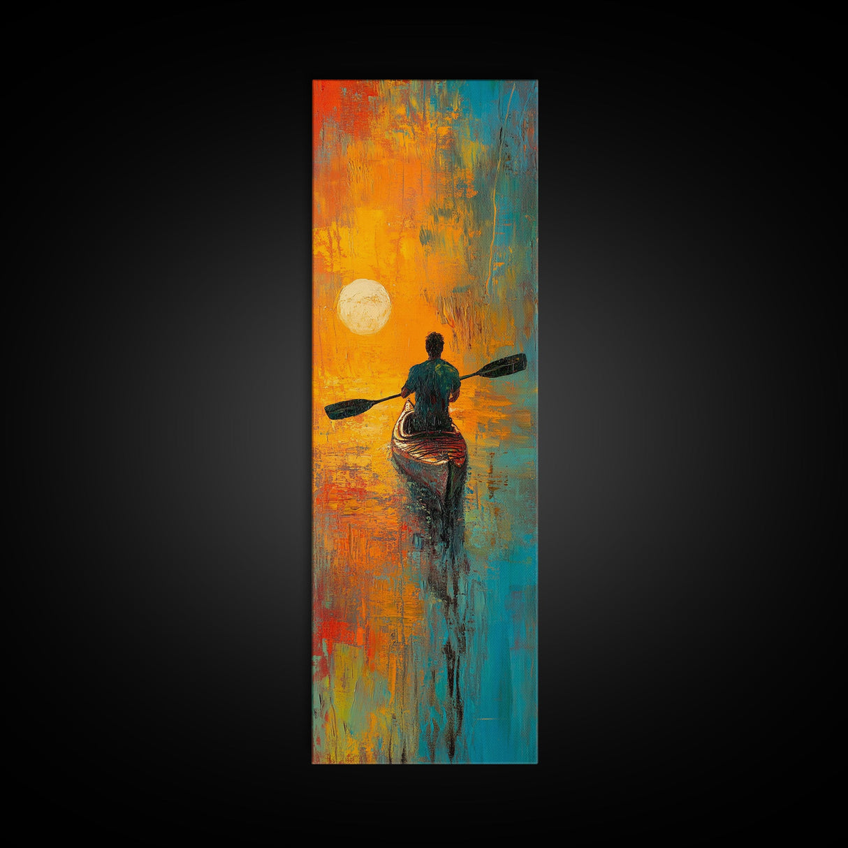 Sunset Kayaker, Coastal Painting, Moody Art, Nautical Decor, Rustic Wall Art, Christmas, Framed Canvas Print, Above Sofa Art