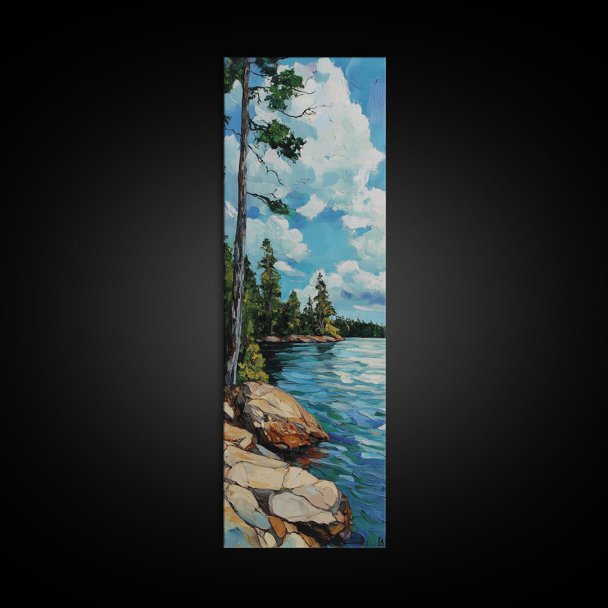 Rocky Shore, Pine Tree Art, Coastal Landscape, Nautical Painting, Blue and Green Wall Art, Framed Canvas Print,