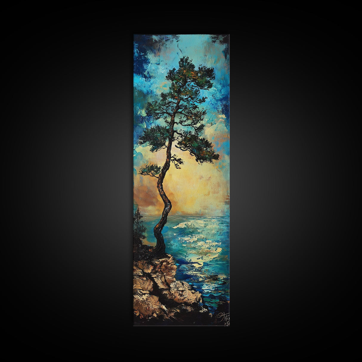 Windblown Pine, Ocean Painting, Moody Art, Coastal Landscape, Nautical Decor, Framed Canvas Print, Bedroom Art