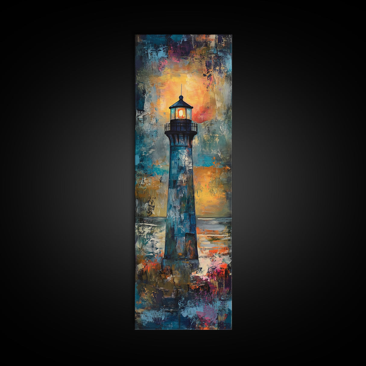 Lighthouse Glow, Moody Seascape, Nautical Painting, Coastal Decor, Sunset Wall Art, Framed Canvas Print, Bedroom Art