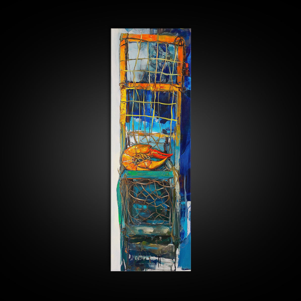 Crayfish painting, nautical wall art, rustic art, kitchen decor, fisherman painting, blue and orange, framed canvas print, gift idea