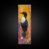 Loon painting, bird art, whimsical art, colorful art, tall narrow art, framed canvas print, moody art, bedroom decor, modern style