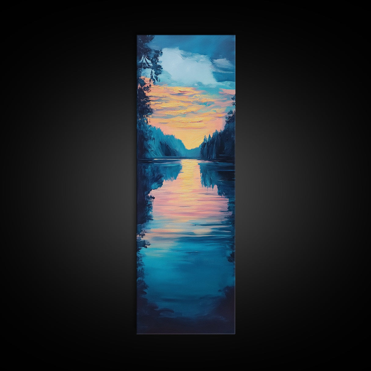 Sunset reflection, lake painting, landscape art, smoky mountain art, wabi sabi art, vertical wall art, framed canvas print, moody art
