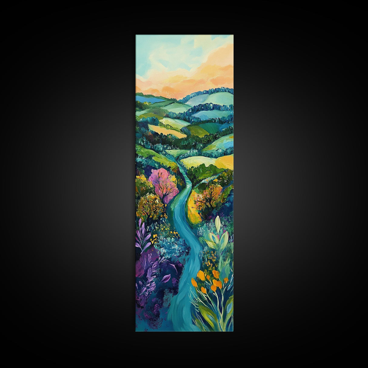 Rolling Hills, Ireland painting, wildflower painting, green wall art, farmhouse decor, Framed Canvas Print, landscape painting