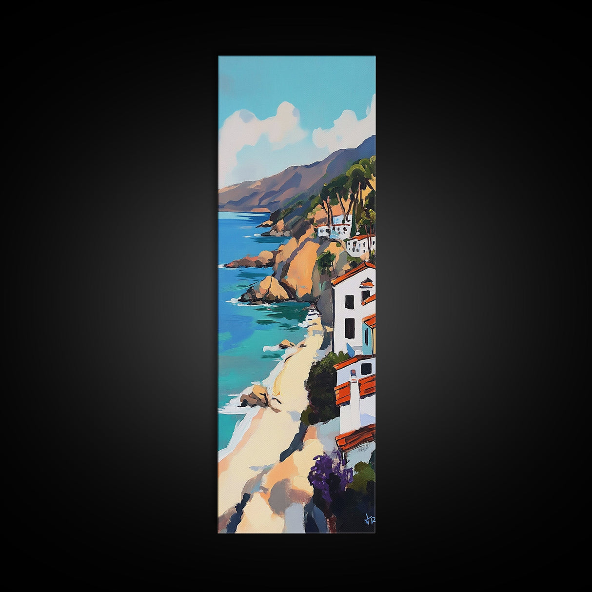 Coastal Retreat, palm tree painting, tropical art, Hawaii art, vacation home decor, Framed Canvas Print, vertical wall art
