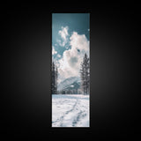 Winter Path, pine tree art, mountain painting, snowy landscape, rustic decor, minimalist art, Framed Canvas Print, vertical wall art