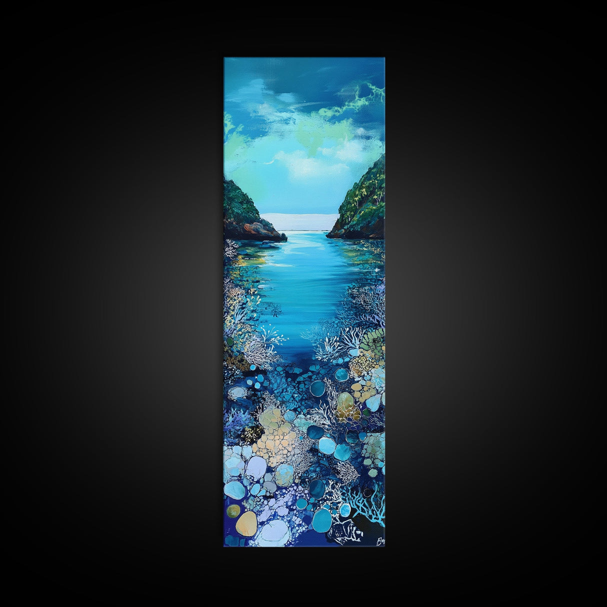Underwater View, nautical painting, seascape painting, coral reef painting, blue and green wall art, Framed Canvas Print