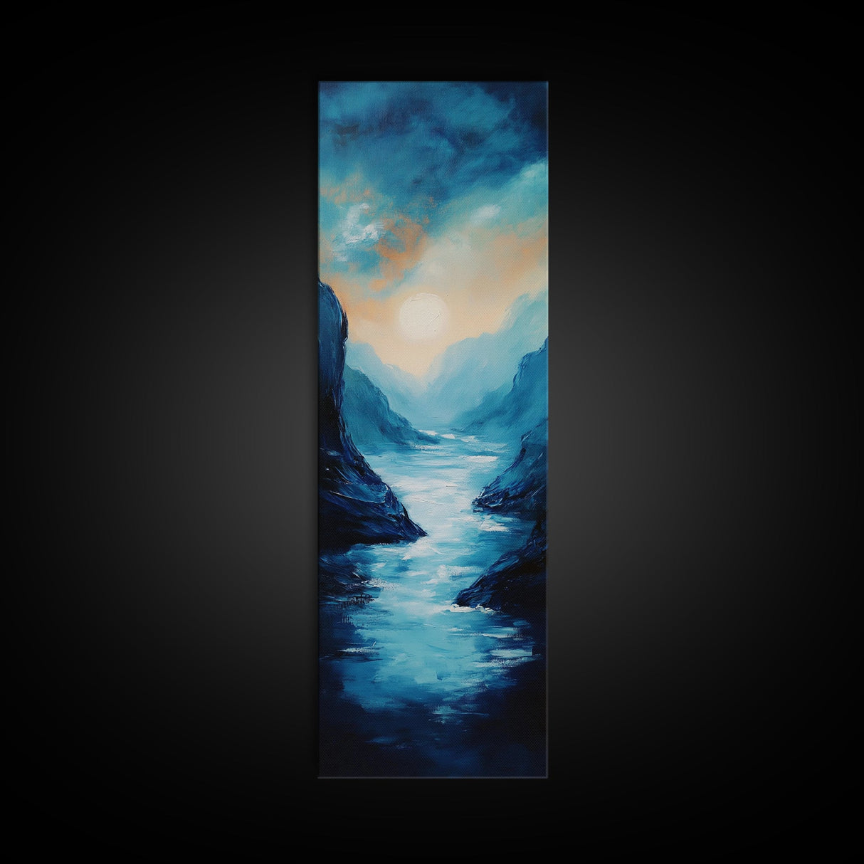 Moonlit Valley, moody art, blue and green wall art, framed canvas print, above couch art, original painting, landscape painting