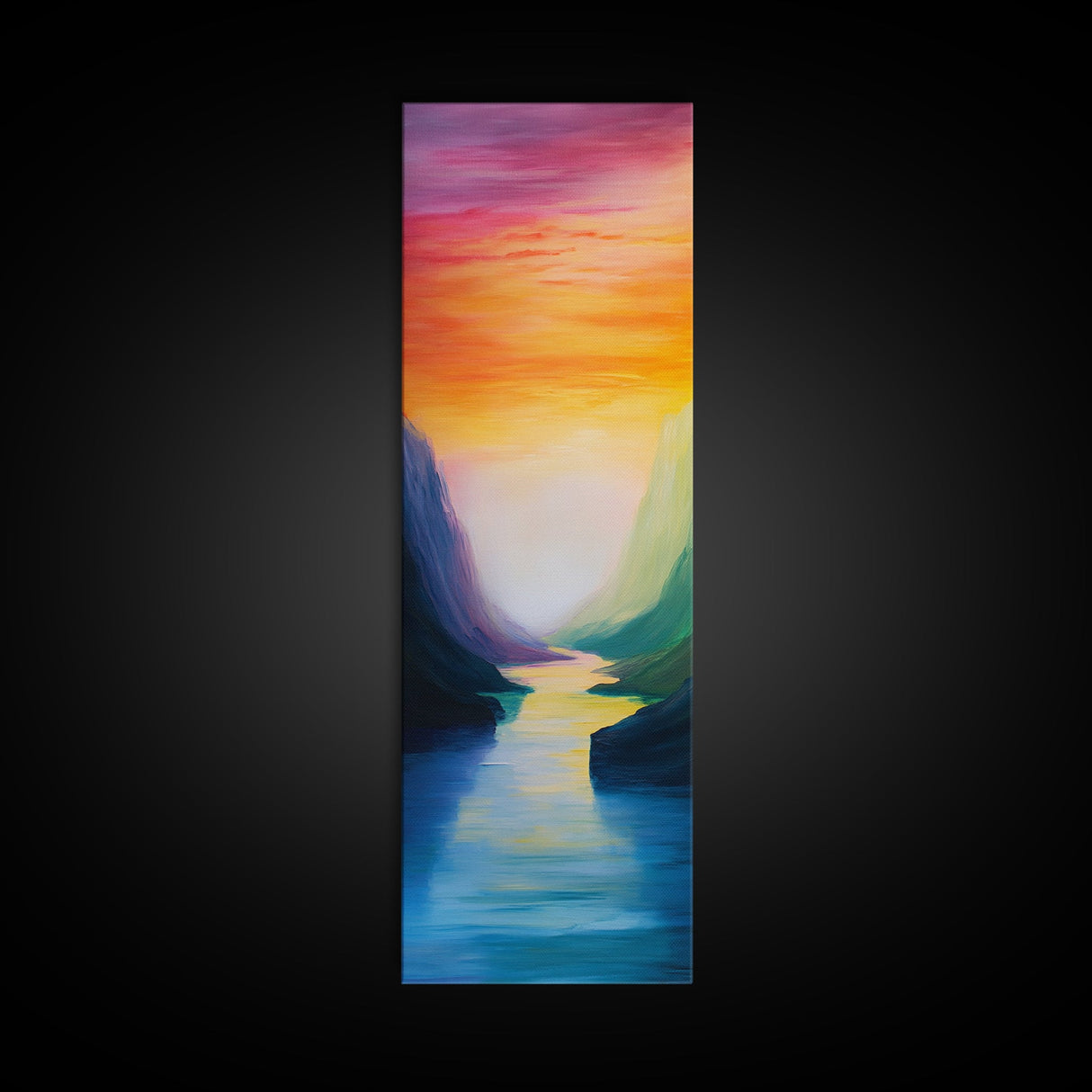 Sunset Canyon, pink orange wall art, lake Tahoe art, framed canvas print, vertical wall art, extra wide art, bedroom art