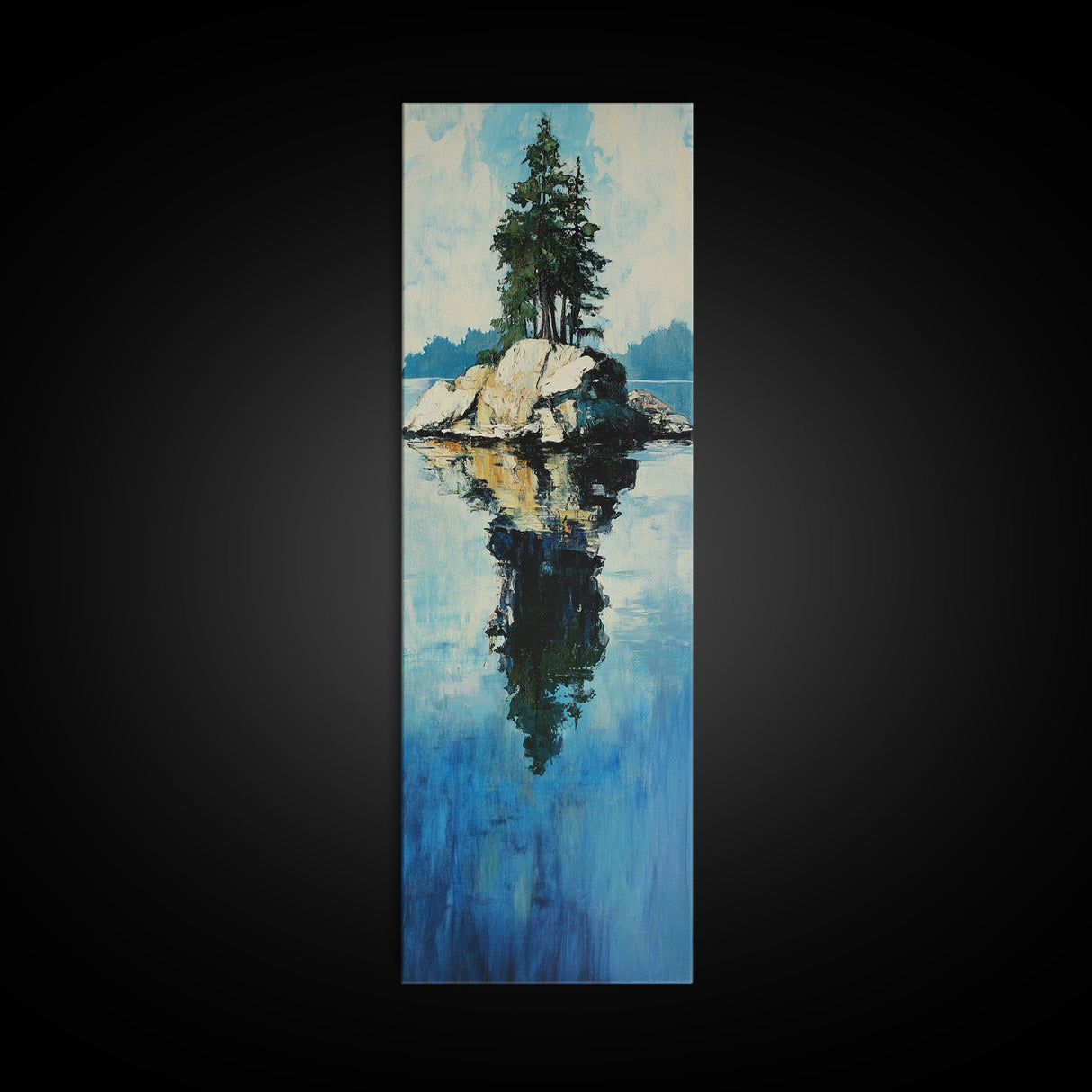 Island Reflection, pine tree art, lake Tahoe art, framed canvas print, nature painting, rustic art, above bed wall art