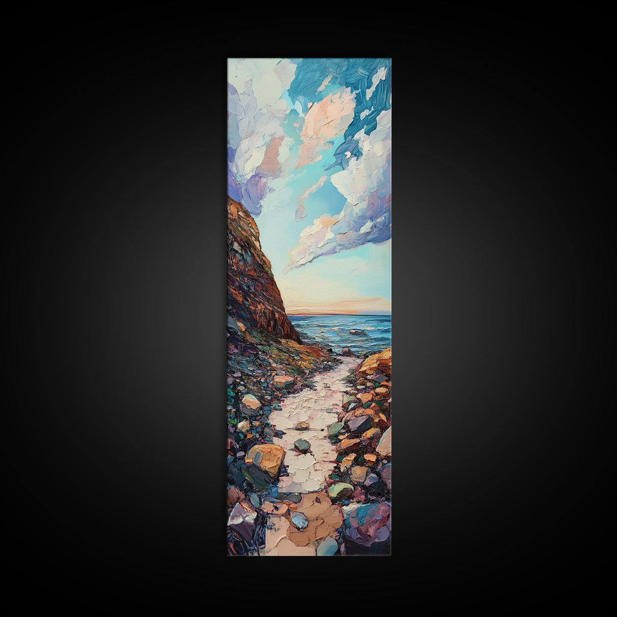 Rocky Coastline, Ocean Waves, Beach Path, Framed Canvas Print, coastal landscape art, farmhouse art, rustic décor