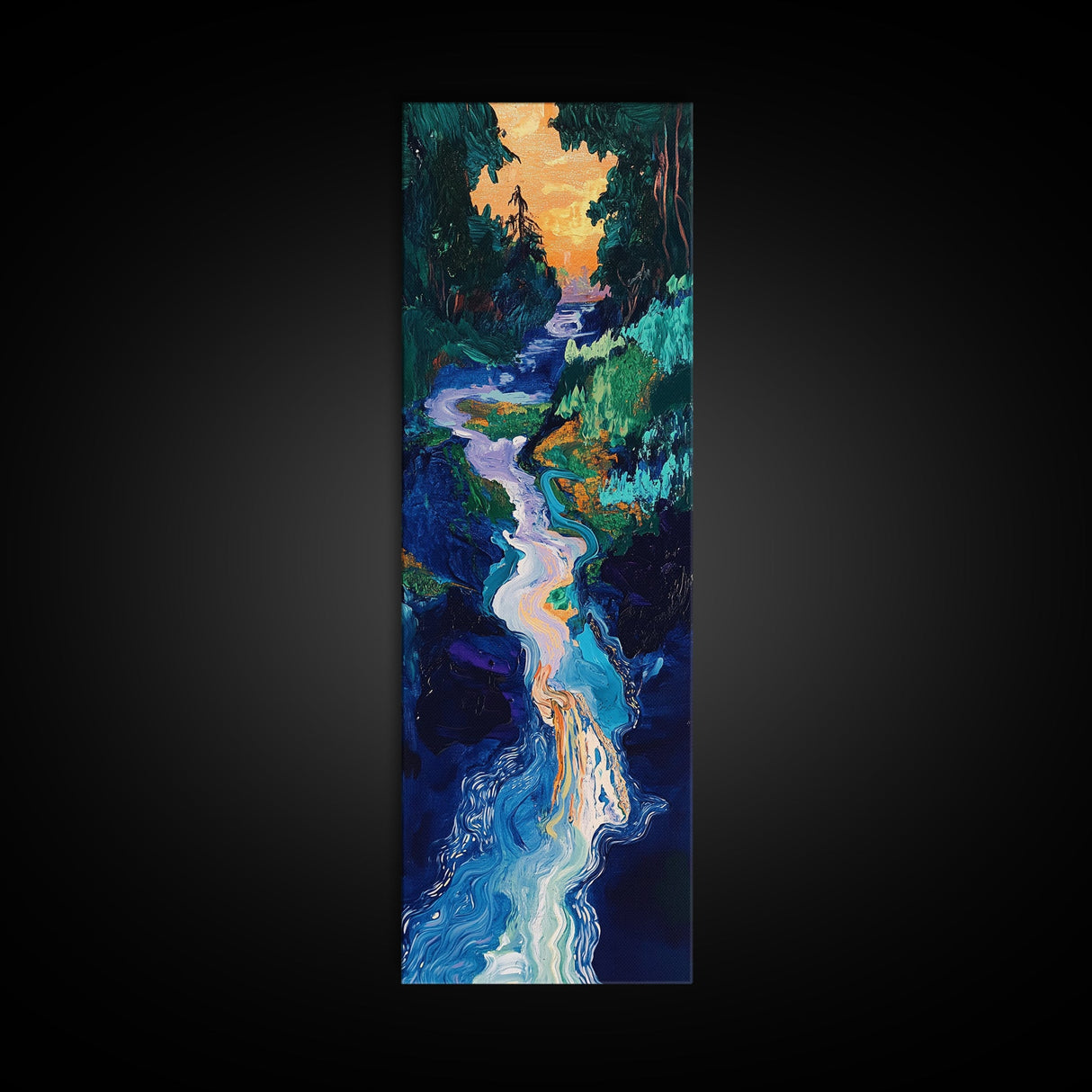 Sunset river, moody art, pine tree art, smoky mountain art, framed canvas print, vertical wall art, original painting