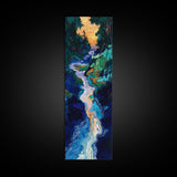 Sunset river, moody art, pine tree art, smoky mountain art, framed canvas print, vertical wall art, original painting