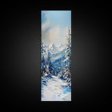 Snowy Mountain Path, winter landscape painting, mountain painting, pine tree art, rustic wall art, framed canvas print