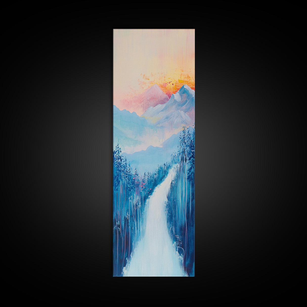 Sunset Over Mountains, pink orange wall art, mountain painting,  framed canvas print, extra wide art