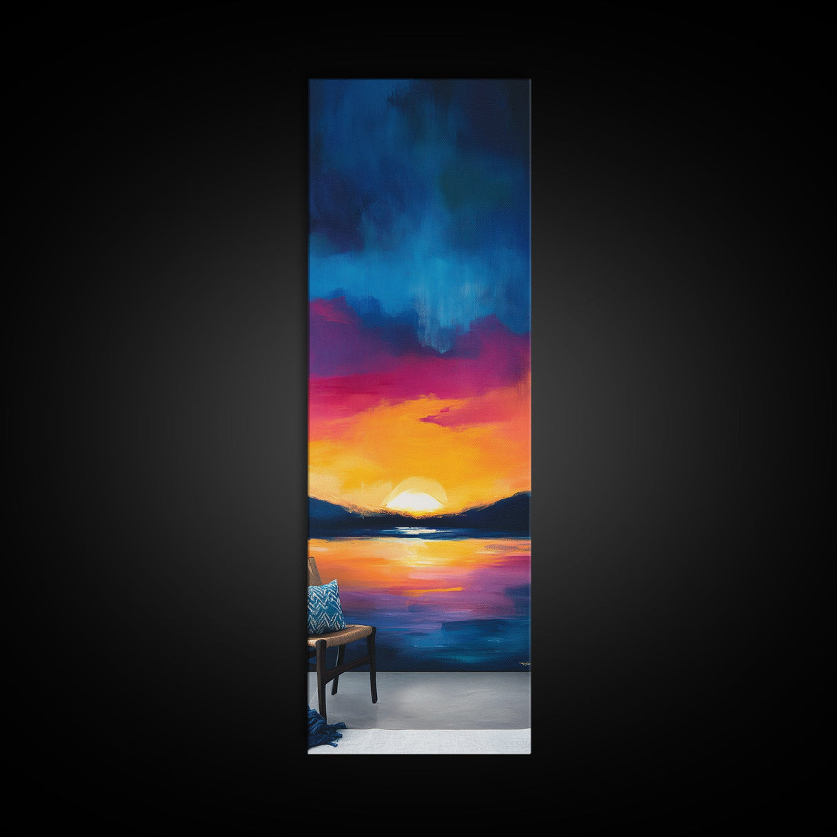 Sunset Over Water, Lake Tahoe Art, Bold Colors, Framed Canvas Print, Tall Narrow Art, Boho Art, Above Bed Wall Art, Panoramic Art