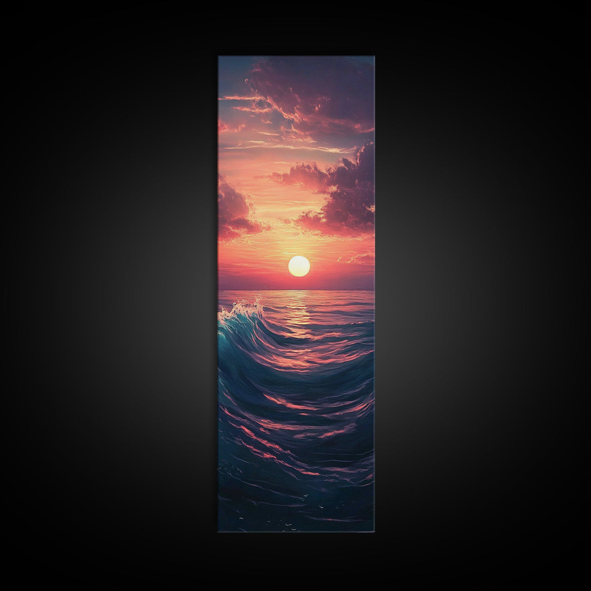 Tropical Sunset, Palm Trees, Ocean Waves, Framed Canvas Print, Coastal Painting, Nautical Decor, Extra Wide Art, Panoramic Art