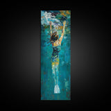 Woman Swimming, Coastal Painting, Framed Canvas Print, Surf Wall Art, Ocean Art, Blue and Green Wall Art, Abstract Art
