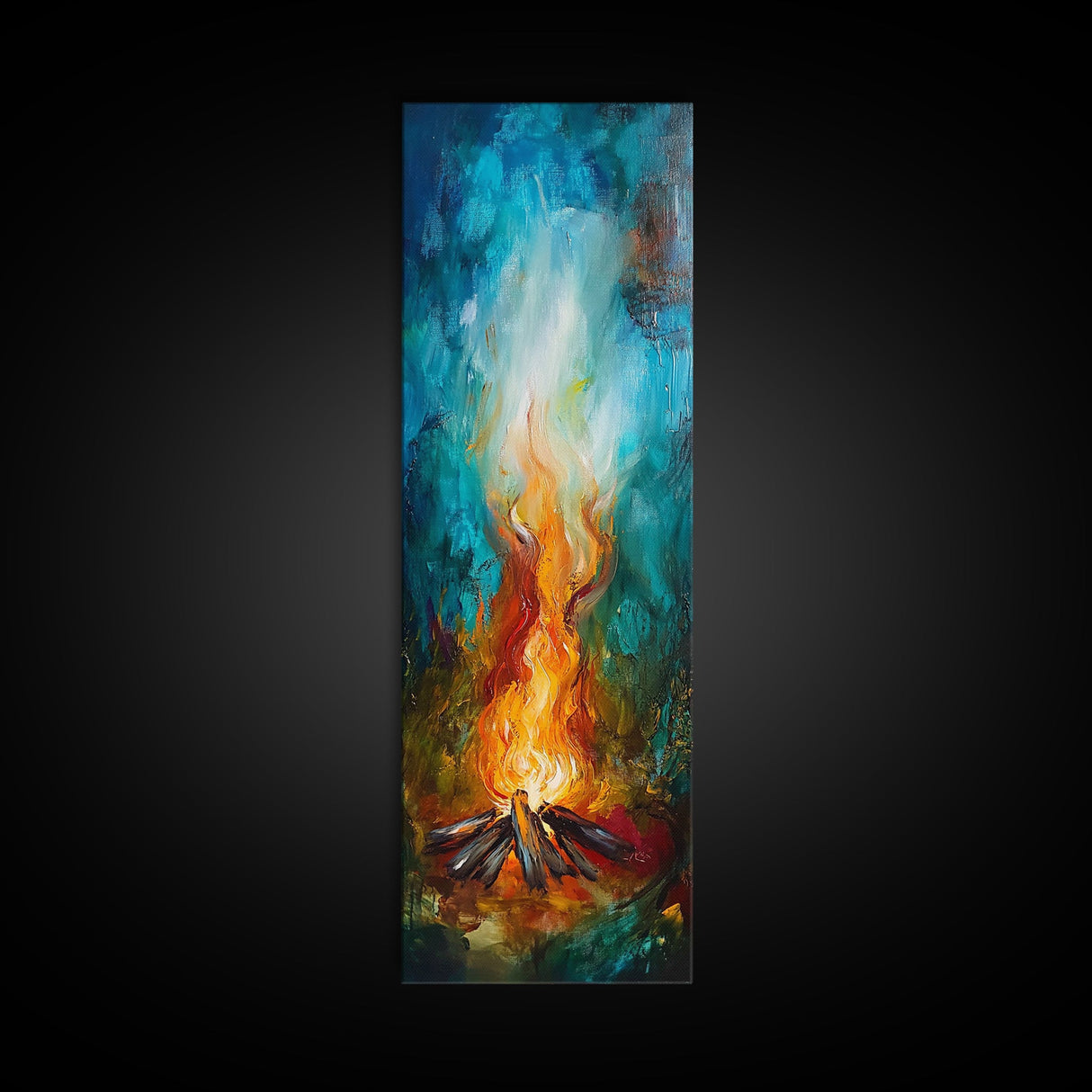 Cozy Campfire, rustic decor, autumn painting, moody art, forest at dusk painting, wabi sabi art, framed canvas print, vertical wall art