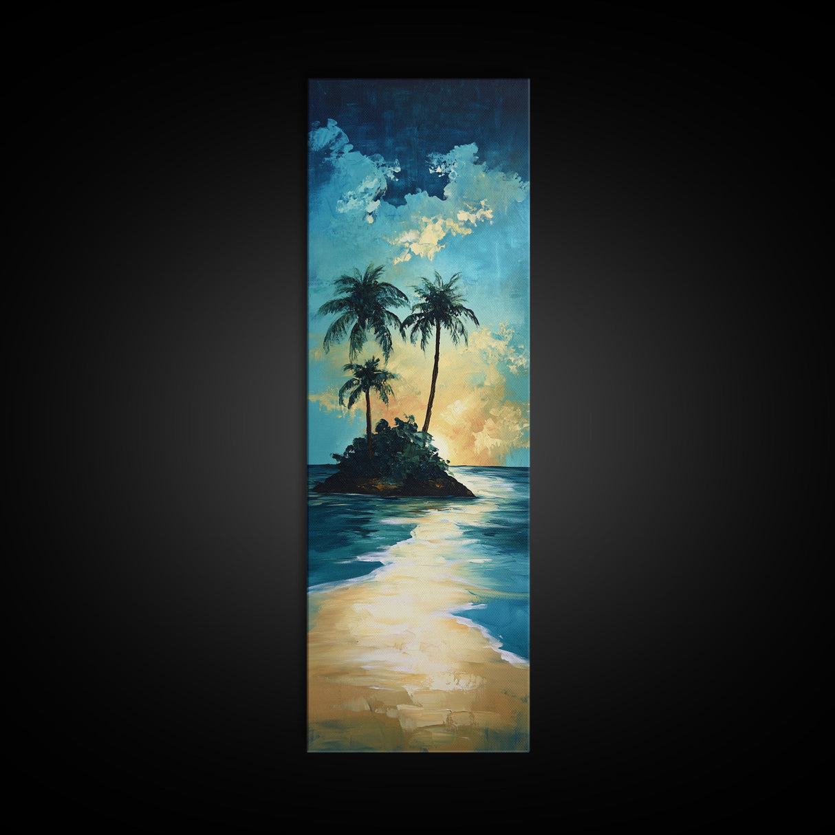 Tropical Sunset, palm tree painting, Hawaii art, ocean waves, coastal wall art, nautical decor, framed canvas print