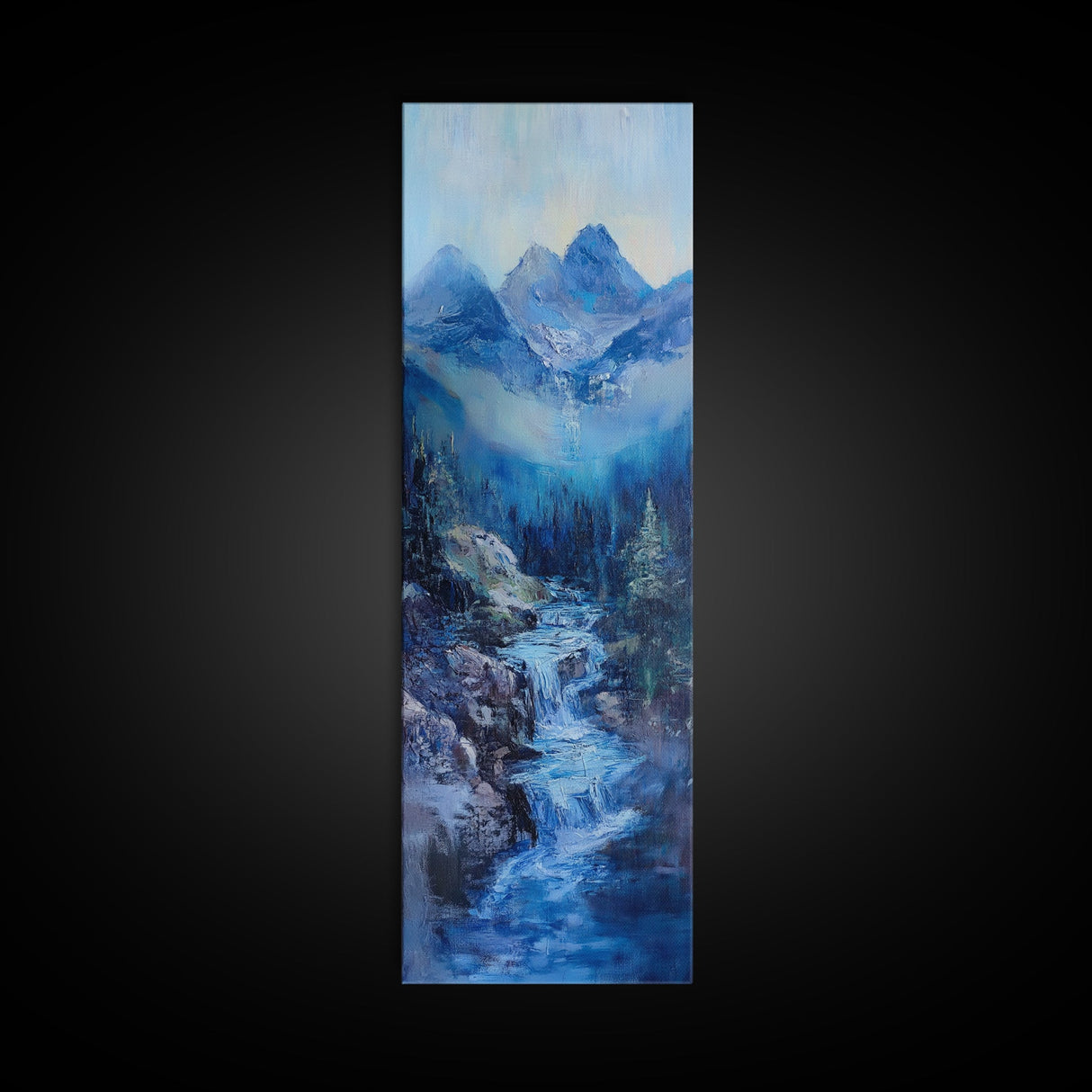 Waterfall Mountain, landscape painting, mountain painting, blue and green wall art, coastal decor, framed canvas print