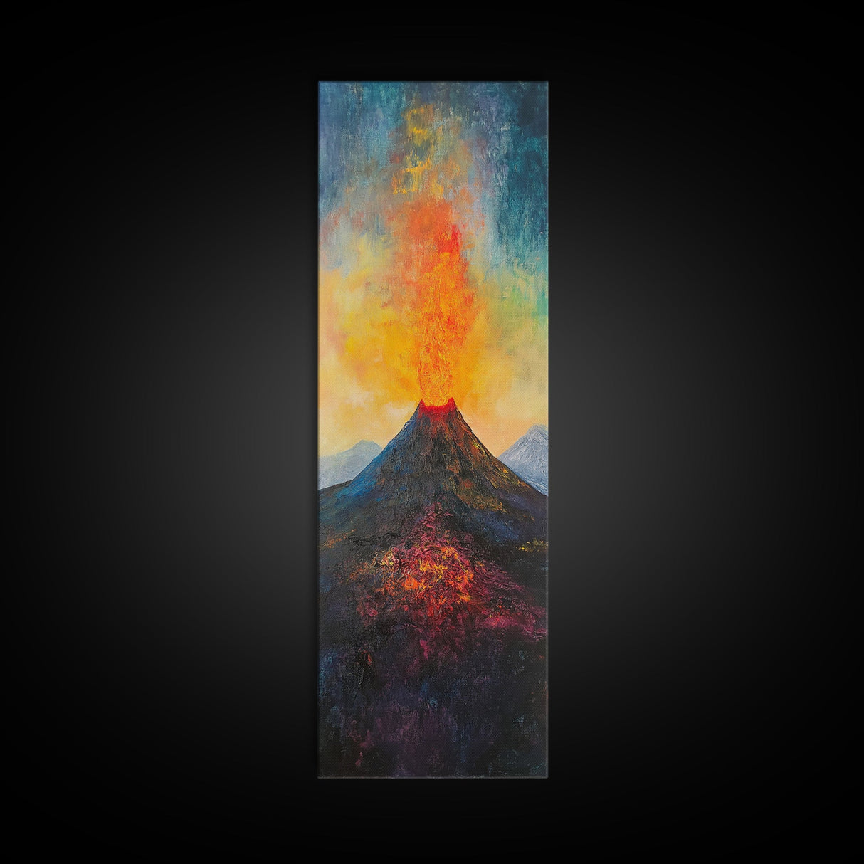 Erupting Volcano, landscape painting, moody art, fiery art, dramatic wall art, southwest wall art, framed canvas print, rustic decor