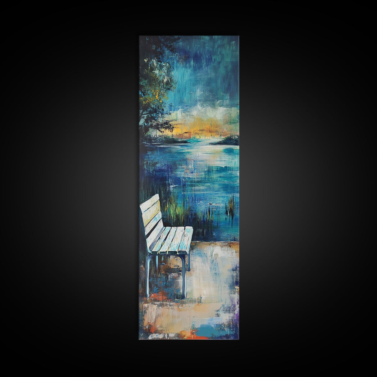 Lakeside Bench, moody art, landscape painting, coastal wall art, rustic decor, farmhouse art, framed canvas print, vertical wall art