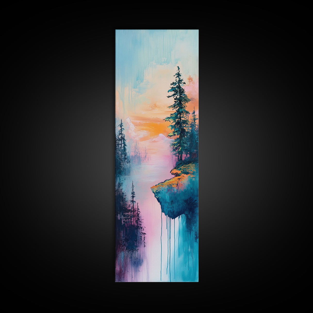 Dreamy Landscape, Pine Tree Art, Mountain Painting, Blue and Green Wall Art, Tall Skinny Art, Framed Canvas Print, Rustic Wall Art