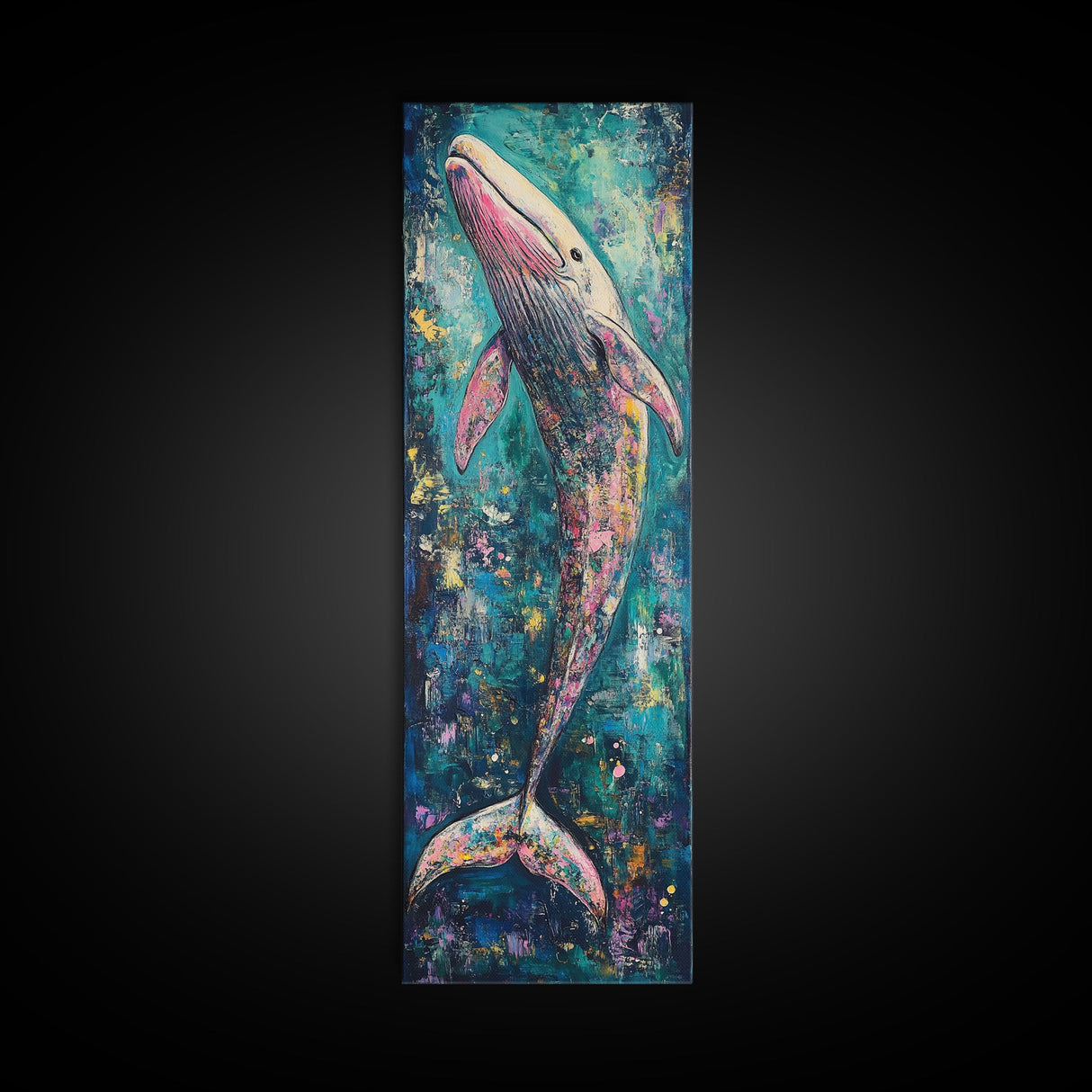 Vibrant Whale, Whale Painting, Coastal Decor, Nautical Wall Art, Blue and Green Wall Art, Skinny Wall Art, Framed Canvas Print