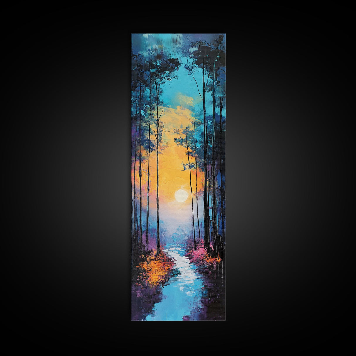 Forest Moon, moody art, framed canvas print, forest at dusk painting, pine tree art, above bed wall art, rustic decor, wall decor