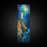 Lighthouse Painting, Moon Oil Painting, Nautical Decor, Coastal Wall Art, Seascape Painting, Canvas Print, Tall Narrow Art, Gift Idea