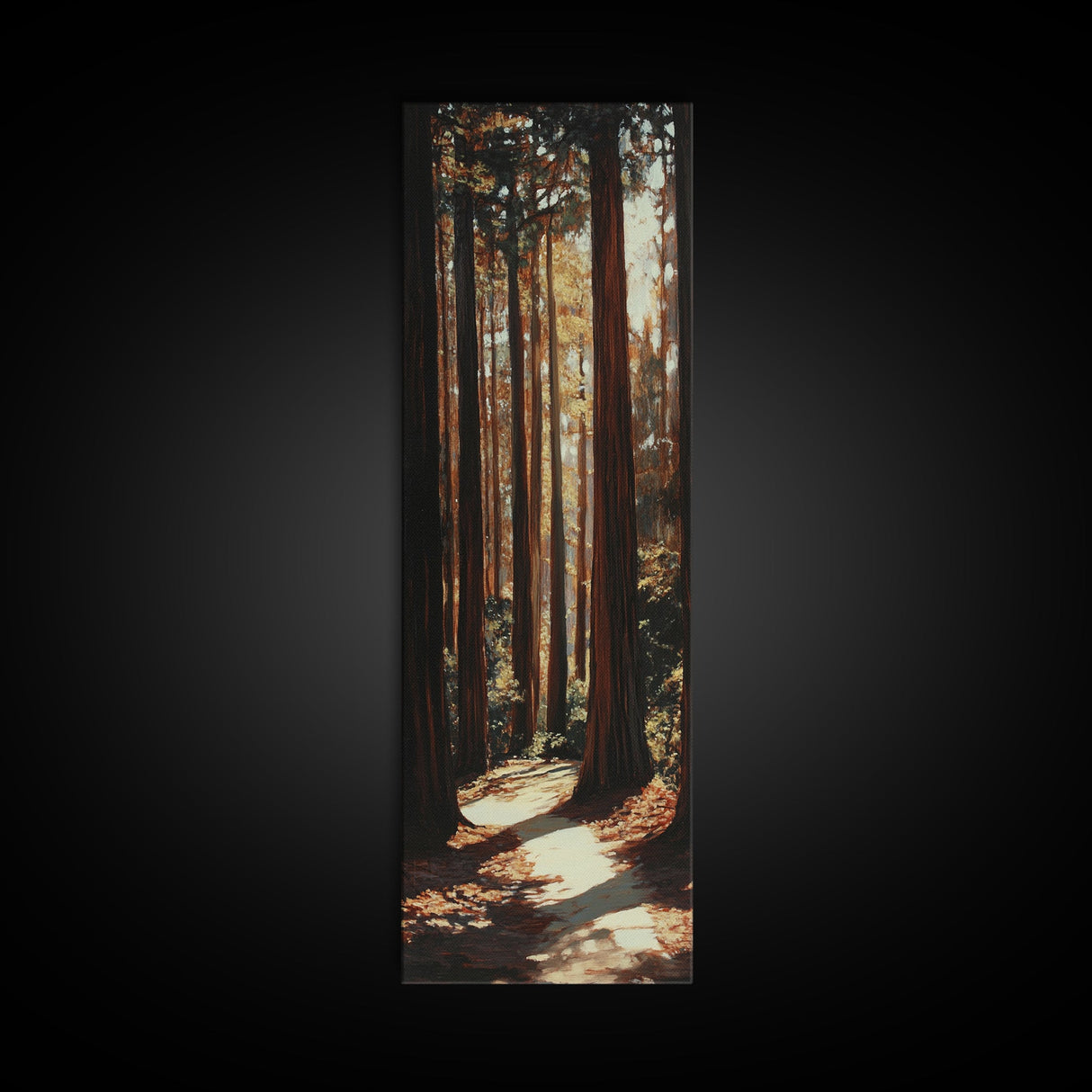 Redwood Forest, pine tree art, rustic decor, above sofa art, forest at dusk painting, wabi sabi art, tall skinny art, framed canvas print