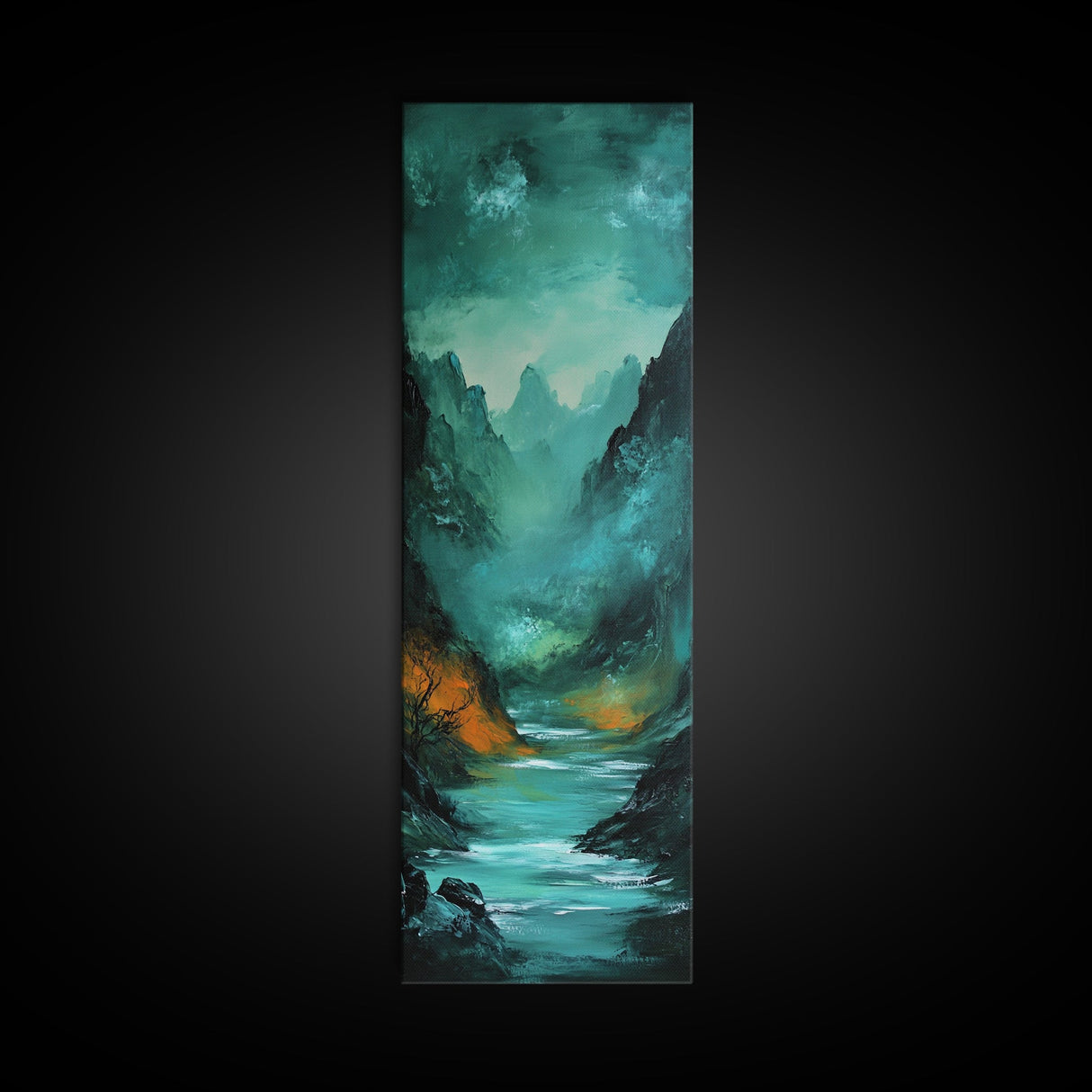 Dark Moody Landscape, Mountain Painting, Forest at Dusk Painting, Framed Canvas Print, Rustic Wall Art, Vertical Wall Art