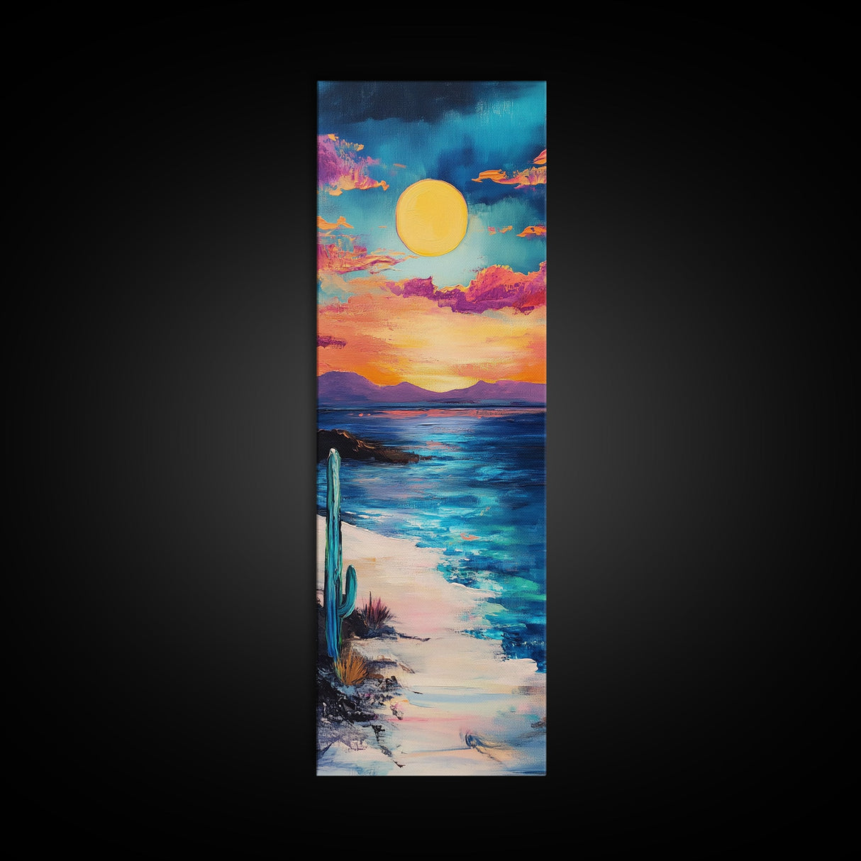 Desert Sunset, cactus painting, southwest wall art, coastal landscape art, framed canvas print, panoramic art