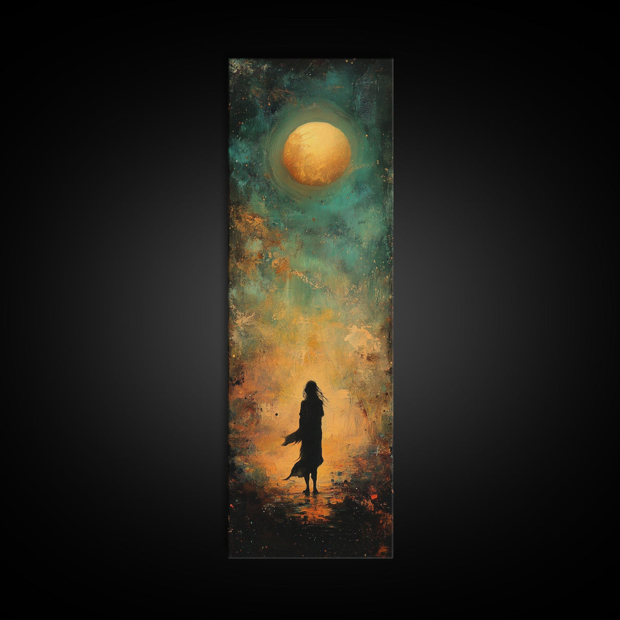Moonlight, dark romance painting, moody art, forest at dusk painting, celestial art, teal wall art, framed canvas print, gift idea
