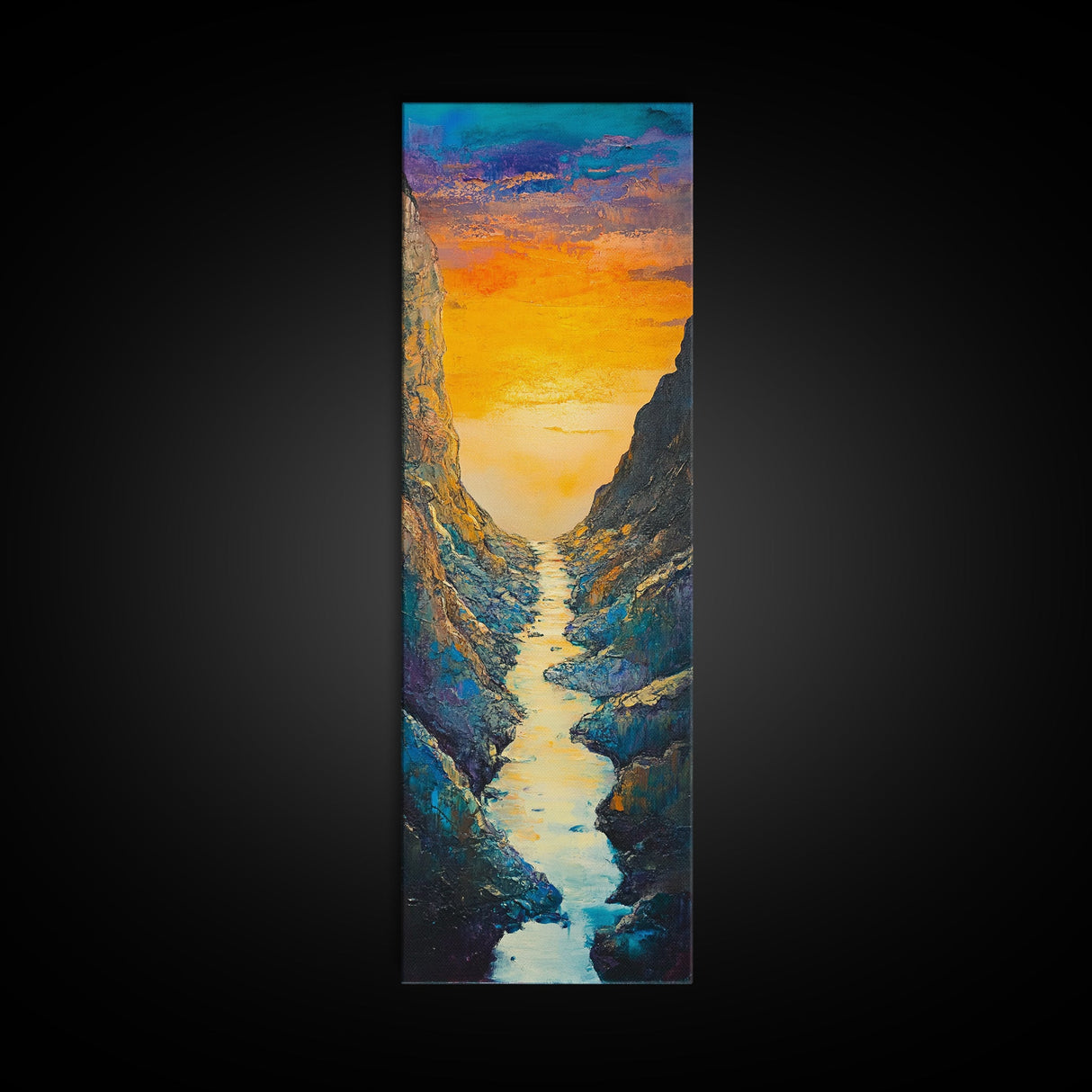 Sunset River, mountain painting, vertical wall art, nature art, framed canvas print, above sofa art, extra wide art, rustic decor