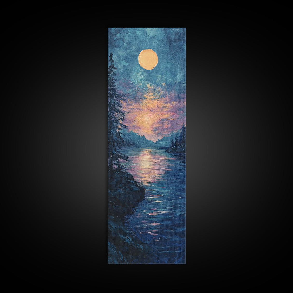 Moonlit Lake, moon oil painting, framed canvas print, landscape painting, lake Tahoe art, moody art, tall narrow art, rustic wall art
